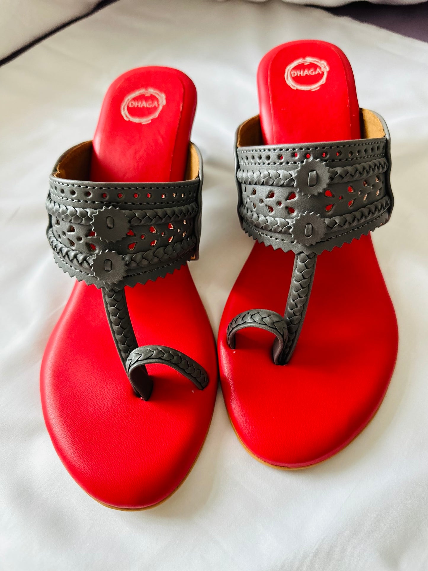 Grey nd red block heel