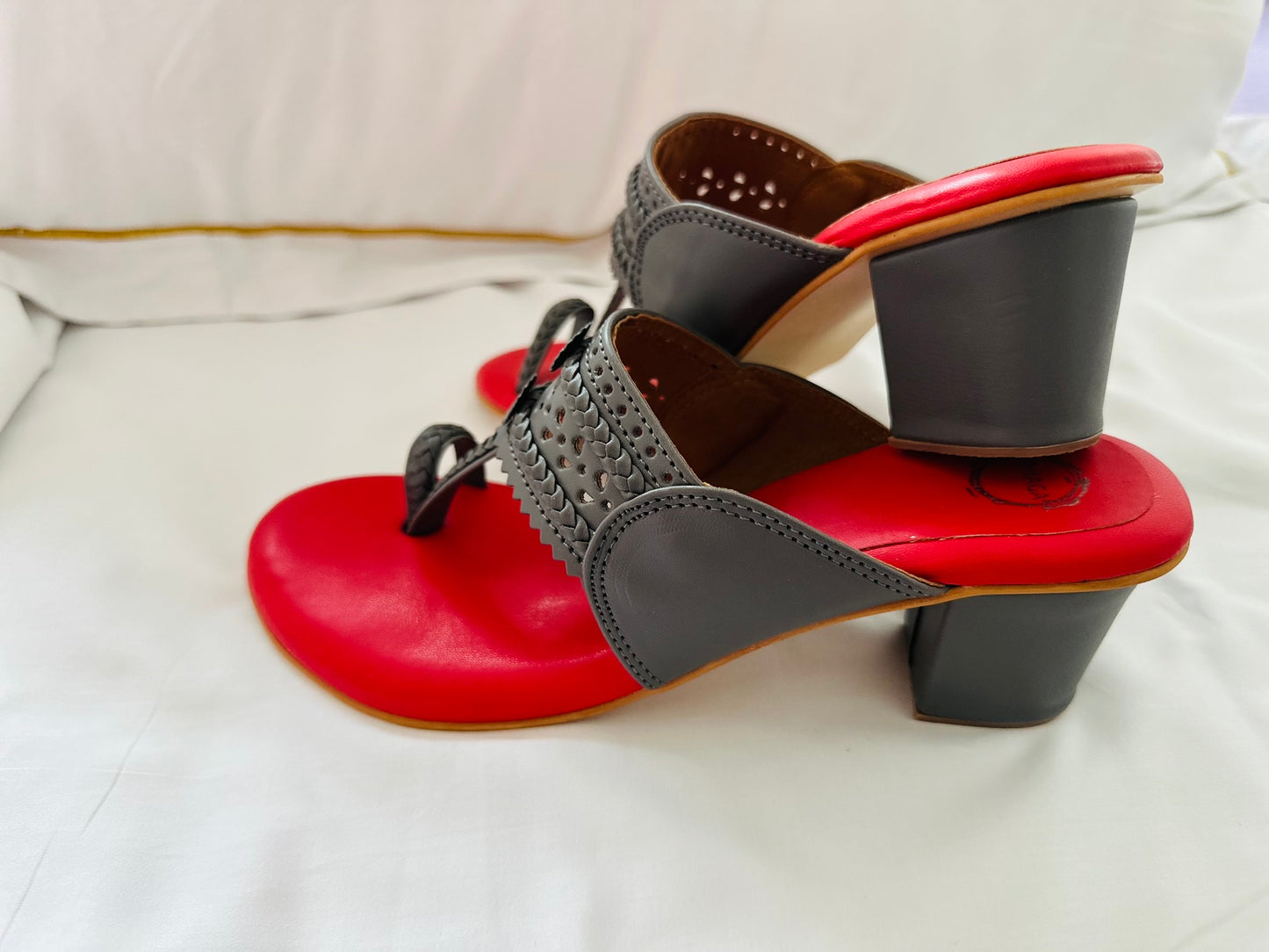 Grey nd red block heel